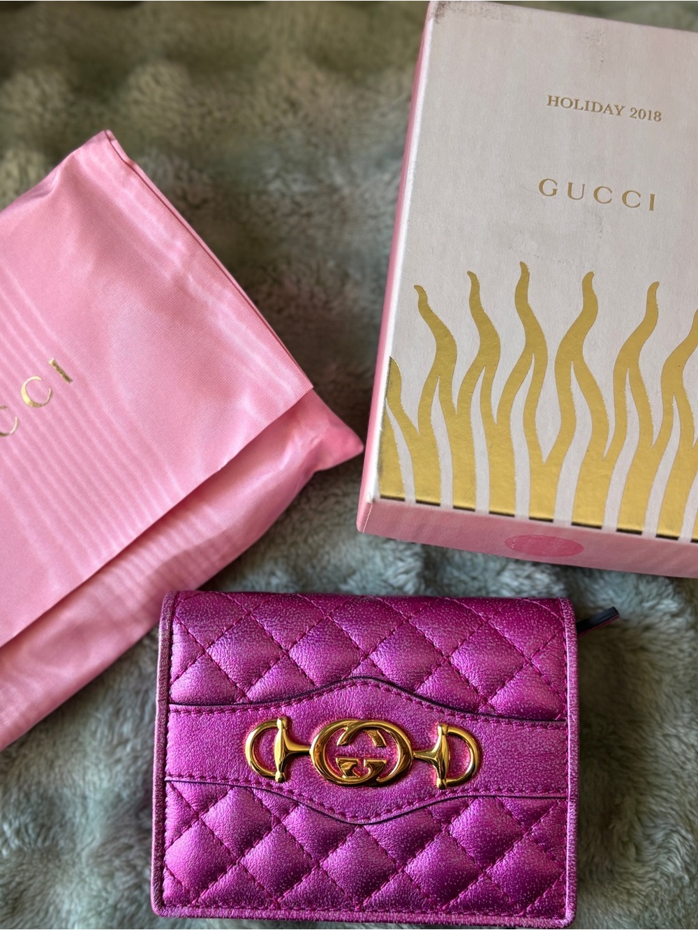 Gucci Metallic Fuchsia Quilted Leather Small Wallet with Gold GG